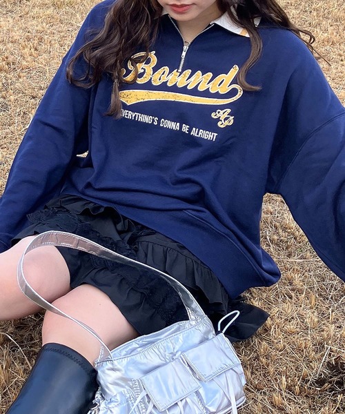 AS KNOW AS plus(アズノゥアズプラス)の「●配色衿ライン ロゴ刺繍ハーフジッププルオーバー(ポロシャツ・レディース・オートミール/ネイビー/ボルドー・FREE)」の1枚目の写真