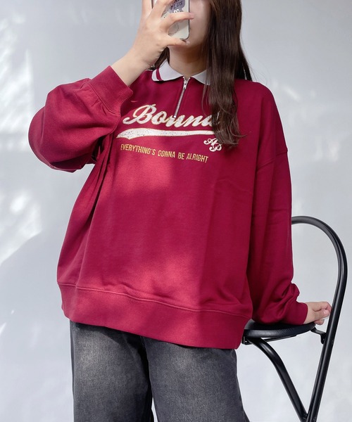 AS KNOW AS plus(アズノゥアズプラス)の「●配色衿ライン ロゴ刺繍ハーフジッププルオーバー(ポロシャツ・レディース・オートミール/ネイビー/ボルドー・FREE)」の16枚目の写真