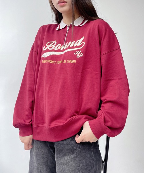 AS KNOW AS plus(アズノゥアズプラス)の「●配色衿ライン ロゴ刺繍ハーフジッププルオーバー(ポロシャツ・レディース・オートミール/ネイビー/ボルドー・FREE)」の20枚目の写真