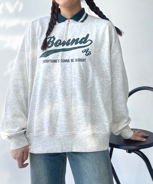 AS KNOW AS plus(アズノゥアズプラス)の「●配色衿ライン ロゴ刺繍ハーフジッププルオーバー(ポロシャツ・レディース・オートミール/ネイビー/ボルドー・FREE)」の4枚目の写真