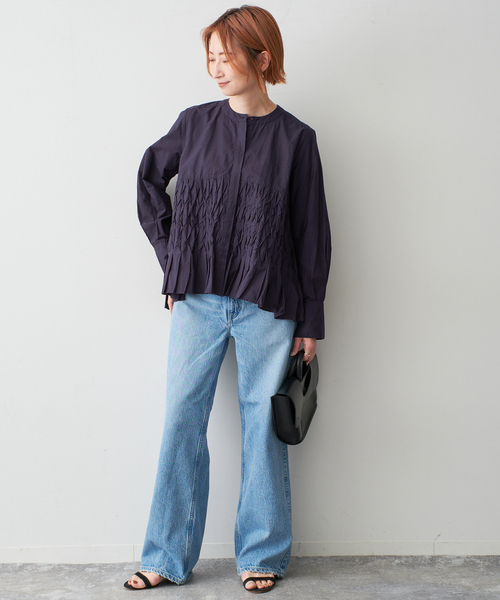 ヌキテパ COTTON POPLIN WAVE BLOUSE ネイビー 定価3万 ヌキテパ COTTON POPLIN WAVE BLOUSE ネイビー 定価3万 ne