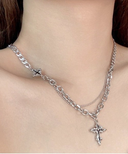 MASHIRO】ミックスチェーンダブルクロスモチーフネックレス/ユニ