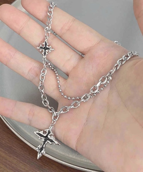 MASHIRO】ミックスチェーンダブルクロスモチーフネックレス/ユニ