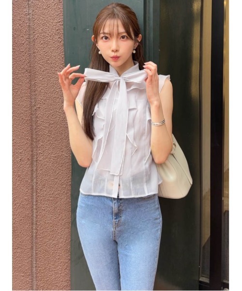 MERCURYDUO（マーキュリーデュオ）の「【追加生産】オーガンジー配色メローラッフルフリルブラウス（シャツ/ブラウス・レディース・オフホワイト/グレー/ベビーピンク・FREE）」の10枚目の写真