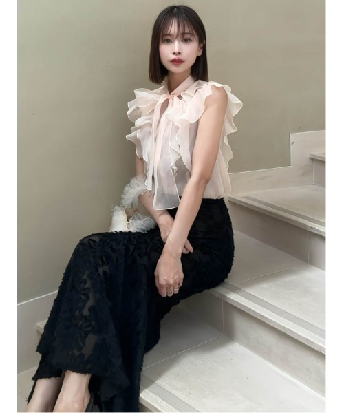 MERCURYDUO（マーキュリーデュオ）の「【追加生産】オーガンジー配色メローラッフルフリルブラウス（シャツ/ブラウス・レディース・オフホワイト/グレー/ベビーピンク・FREE）」の15枚目の写真