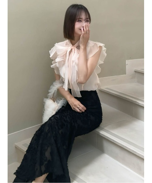 MERCURYDUO（マーキュリーデュオ）の「【追加生産】オーガンジー配色メローラッフルフリルブラウス（シャツ/ブラウス・レディース・オフホワイト/グレー/ベビーピンク・FREE）」の16枚目の写真