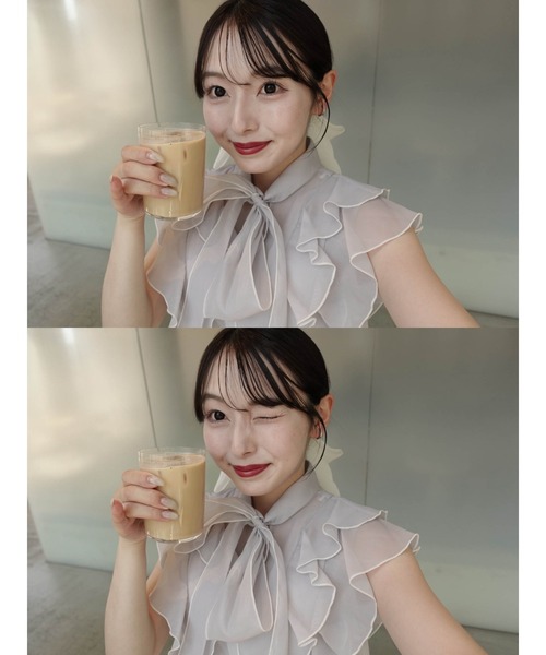 MERCURYDUO（マーキュリーデュオ）の「【追加生産】オーガンジー配色メローラッフルフリルブラウス（シャツ/ブラウス・レディース・オフホワイト/グレー/ベビーピンク・FREE）」の4枚目の写真