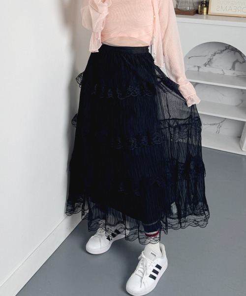 インゲボルグ バナナ　サファリ ロングスカート 透け感がムードある 大人のタックギャザースカート（マキシ