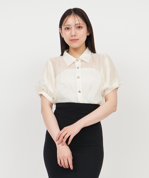 ROYAL PARTY（ロイヤルパーティー）の「パフスリーブラインストーンシアーブラウス（シャツ/ブラウス・レディース・ブラック/オフホワイト/ピンク・FREE）」の2枚目の写真