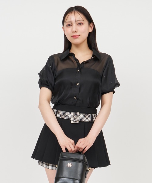 ROYAL PARTY（ロイヤルパーティー）の「パフスリーブラインストーンシアーブラウス（シャツ/ブラウス・レディース・ブラック/オフホワイト/ピンク・FREE）」の3枚目の写真
