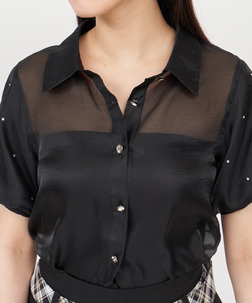 ROYAL PARTY（ロイヤルパーティー）の「パフスリーブラインストーンシアーブラウス（シャツ/ブラウス・レディース・ブラック/オフホワイト/ピンク・FREE）」の13枚目の写真