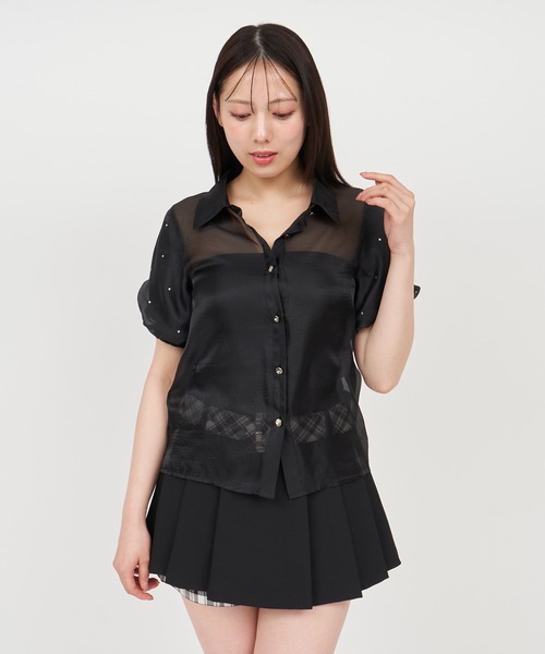 ROYAL PARTY（ロイヤルパーティー）の「パフスリーブラインストーンシアーブラウス（シャツ/ブラウス・レディース・ブラック/オフホワイト/ピンク・FREE）」の9枚目の写真