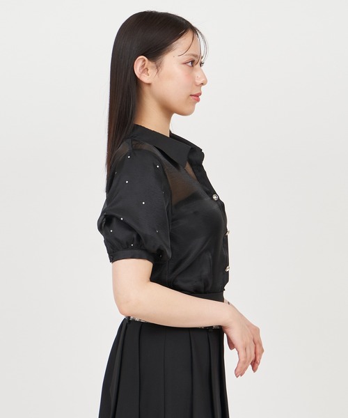 ROYAL PARTY（ロイヤルパーティー）の「パフスリーブラインストーンシアーブラウス（シャツ/ブラウス・レディース・ブラック/オフホワイト/ピンク・FREE）」の8枚目の写真