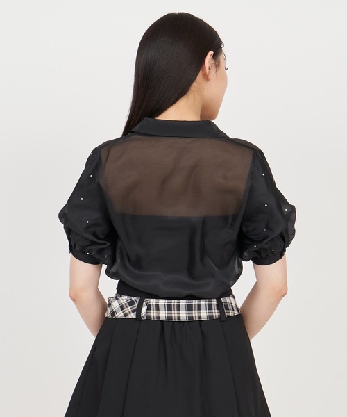 ROYAL PARTY（ロイヤルパーティー）の「パフスリーブラインストーンシアーブラウス（シャツ/ブラウス・レディース・ブラック/オフホワイト/ピンク・FREE）」の7枚目の写真