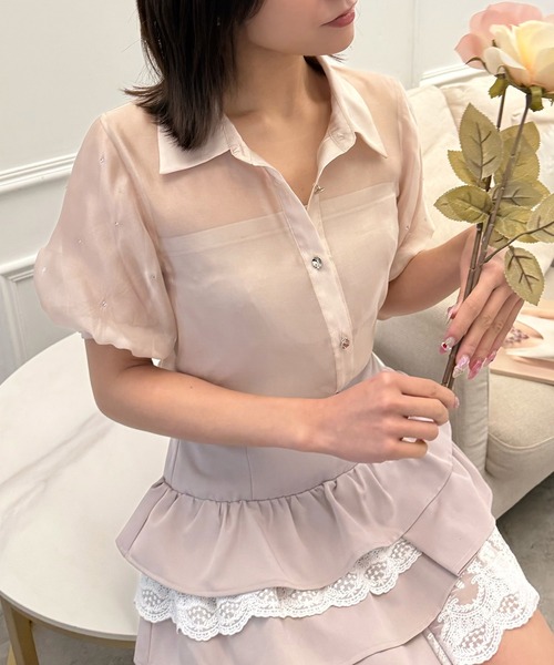 ROYAL PARTY（ロイヤルパーティー）の「パフスリーブラインストーンシアーブラウス（シャツ/ブラウス・レディース・ブラック/オフホワイト/ピンク・FREE）」の17枚目の写真