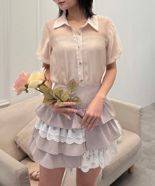 ROYAL PARTY（ロイヤルパーティー）の「パフスリーブラインストーンシアーブラウス（シャツ/ブラウス・レディース・ブラック/オフホワイト/ピンク・FREE）」の16枚目の写真