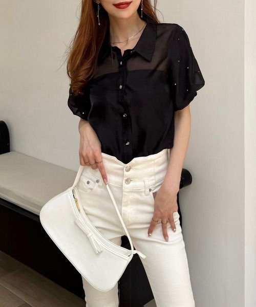 ROYAL PARTY（ロイヤルパーティー）の「パフスリーブラインストーンシアーブラウス（シャツ/ブラウス・レディース・ブラック/オフホワイト/ピンク・FREE）」の15枚目の写真