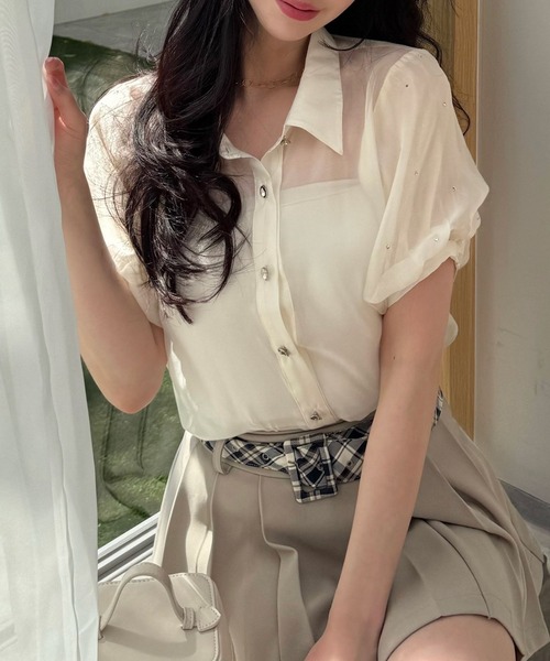 ROYAL PARTY（ロイヤルパーティー）の「パフスリーブラインストーンシアーブラウス（シャツ/ブラウス・レディース・ブラック/オフホワイト/ピンク・FREE）」の20枚目の写真