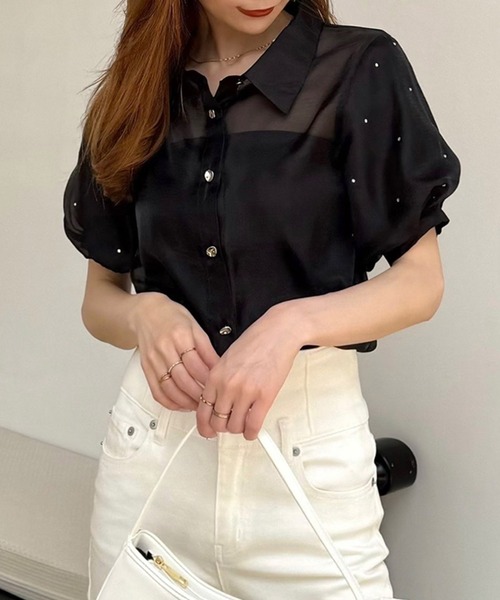 ROYAL PARTY（ロイヤルパーティー）の「パフスリーブラインストーンシアーブラウス（シャツ/ブラウス・レディース・ブラック/オフホワイト/ピンク・FREE）」の22枚目の写真