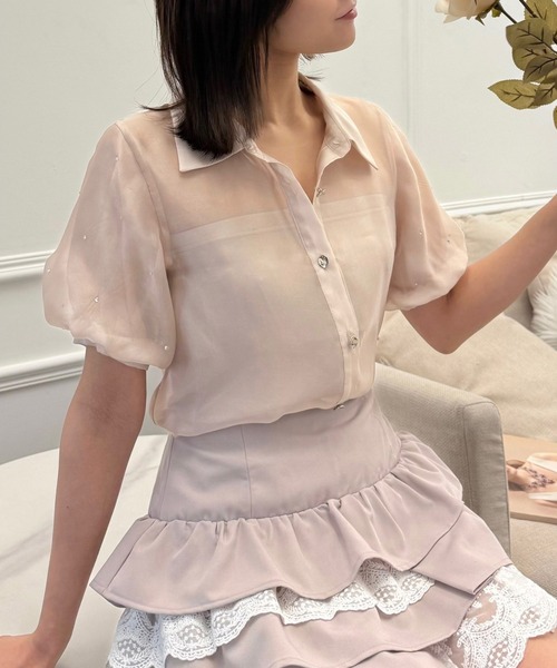 ROYAL PARTY（ロイヤルパーティー）の「パフスリーブラインストーンシアーブラウス（シャツ/ブラウス・レディース・ブラック/オフホワイト/ピンク・FREE）」の21枚目の写真