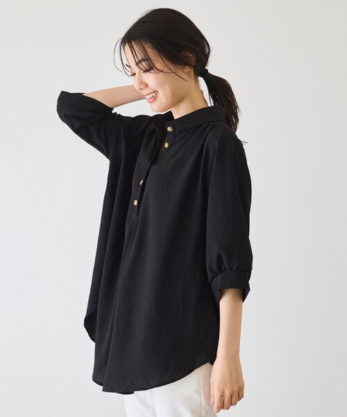 Jayro（ジャイロ）の「衿付き5分袖ブラウス（シャツ/ブラウス・レディース・ホワイト/ネイビー/マスタード/ブルー/ブラック/ブルー系その他5/オレンジ/グリーン・FREE）」の16枚目の写真