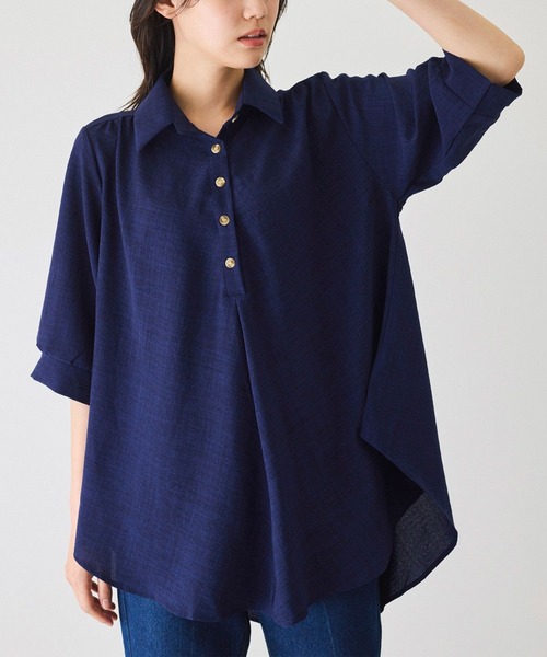 Jayro（ジャイロ）の「衿付き5分袖ブラウス（シャツ/ブラウス・レディース・ホワイト/ネイビー/マスタード/ブルー/ブラック/ブルー系その他5/オレンジ/グリーン・FREE）」の4枚目の写真