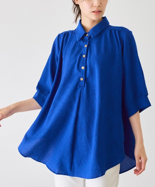 Jayro（ジャイロ）の「衿付き5分袖ブラウス（シャツ/ブラウス・レディース・ホワイト/ネイビー/マスタード/ブルー/ブラック/ブルー系その他5/オレンジ/グリーン・FREE）」の5枚目の写真