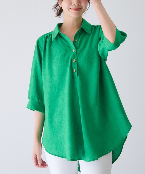 Jayro（ジャイロ）の「衿付き5分袖ブラウス（シャツ/ブラウス・レディース・ホワイト/ネイビー/マスタード/ブルー/ブラック/ブルー系その他5/オレンジ/グリーン・FREE）」の3枚目の写真