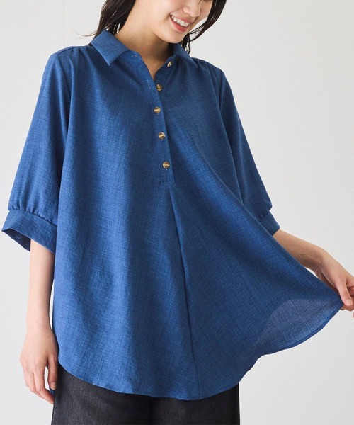 Jayro（ジャイロ）の「衿付き5分袖ブラウス（シャツ/ブラウス・レディース・ホワイト/ネイビー/マスタード/ブルー/ブラック/ブルー系その他5/オレンジ/グリーン・FREE）」の6枚目の写真