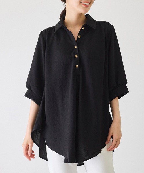 Jayro（ジャイロ）の「衿付き5分袖ブラウス（シャツ/ブラウス・レディース・ホワイト/ネイビー/マスタード/ブルー/ブラック/ブルー系その他5/オレンジ/グリーン・FREE）」の2枚目の写真