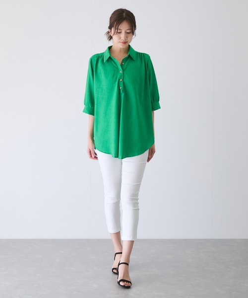 Jayro（ジャイロ）の「衿付き5分袖ブラウス（シャツ/ブラウス・レディース・ホワイト/ネイビー/マスタード/ブルー/ブラック/ブルー系その他5/オレンジ/グリーン・FREE）」の12枚目の写真