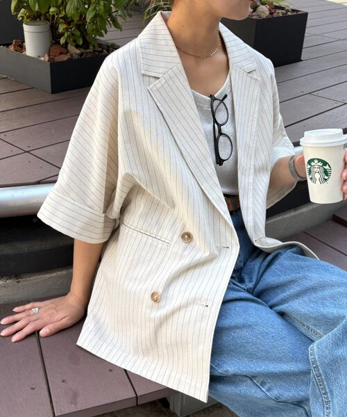 セール】リネン混ゆったり半袖シャツジャケット（テーラード