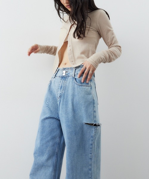 HANNE（アン）の「カットアウトベルトワイドデニム（デニムパンツ・レディース・ホワイト/ブルー・SMALL/MEDIUM）」の5枚目の写真