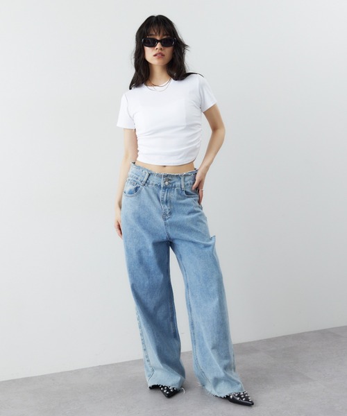 日本未入荷 CHUU★カットアウトダメージデニムワイドパンツ cut out design wide denim / カットアウトデザインワイドデニム
