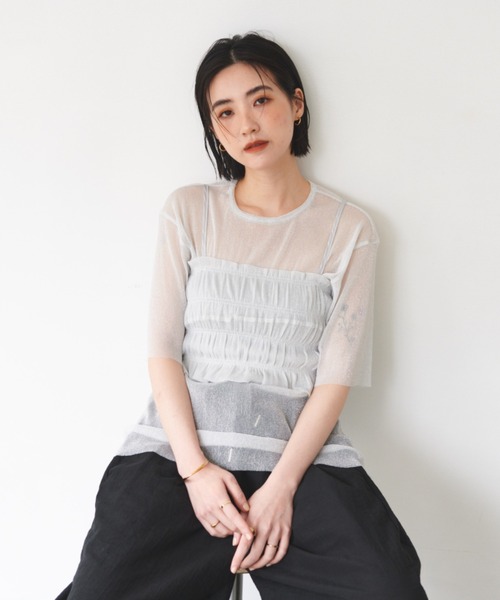 FMiBL（ファミル）の「レイヤードラメシアートップス（Tシャツ/カットソー・レディース・グリーン/ホワイト/グレー・FREE）」の2枚目の写真