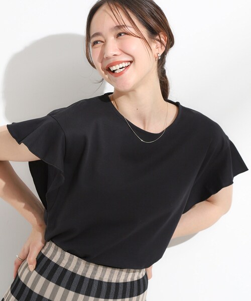 DRESKIP(ドレスキップ)の「【汗ジミ防止/ひんやり/UV】フリルスリーブTシャツ(Tシャツ/カットソー・レディース・ブラック/ダークブラウン/グリーン/オフホワイト・04/03/02/01)」の3枚目の写真