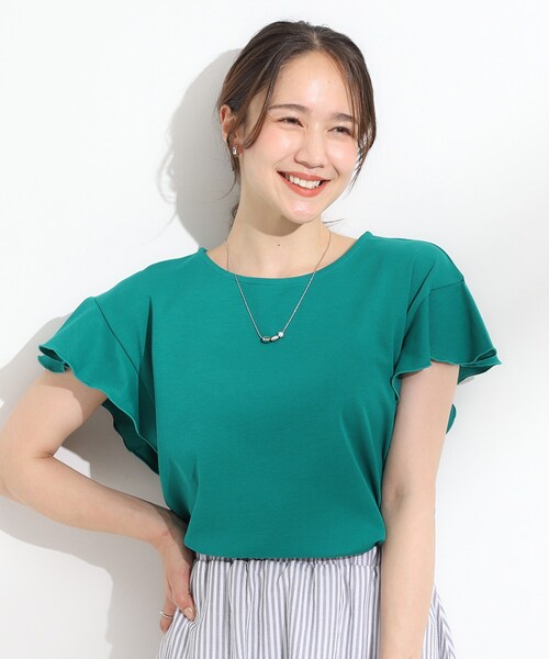DRESKIP(ドレスキップ)の「【汗ジミ防止/ひんやり/UV】フリルスリーブTシャツ(Tシャツ/カットソー・レディース・ブラック/ダークブラウン/グリーン/オフホワイト・04/03/02/01)」の22枚目の写真