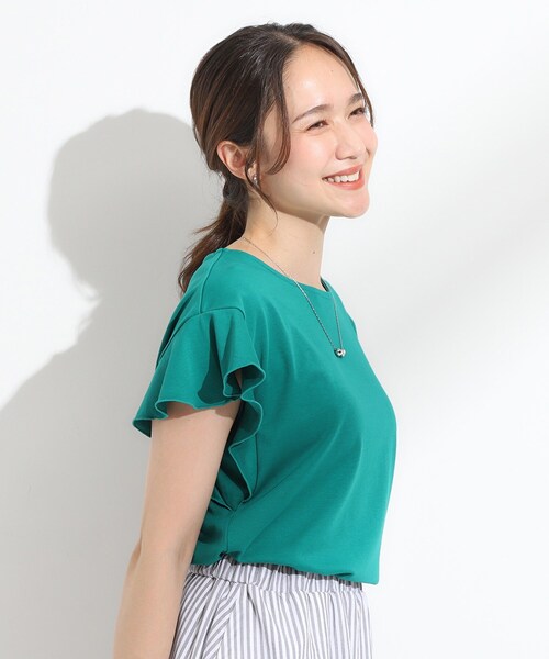 DRESKIP(ドレスキップ)の「【汗ジミ防止/ひんやり/UV】フリルスリーブTシャツ(Tシャツ/カットソー・レディース・ブラック/ダークブラウン/グリーン/オフホワイト・04/03/02/01)」の21枚目の写真