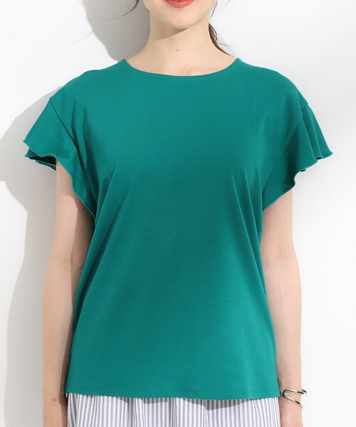 DRESKIP(ドレスキップ)の「【汗ジミ防止/ひんやり/UV】フリルスリーブTシャツ(Tシャツ/カットソー・レディース・ブラック/ダークブラウン/グリーン/オフホワイト・04/03/02/01)」の14枚目の写真