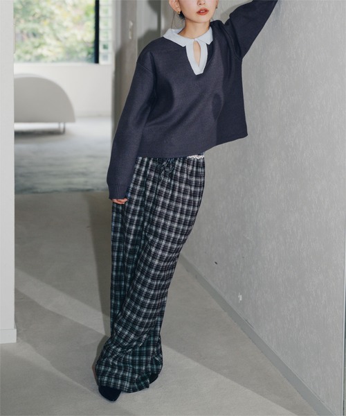 miette（ミエット）の「ウエストフリルチェックワイドパンツ（その他パンツ・レディース・ネイビー/ミント/キャメル・M/S）」の7枚目の写真