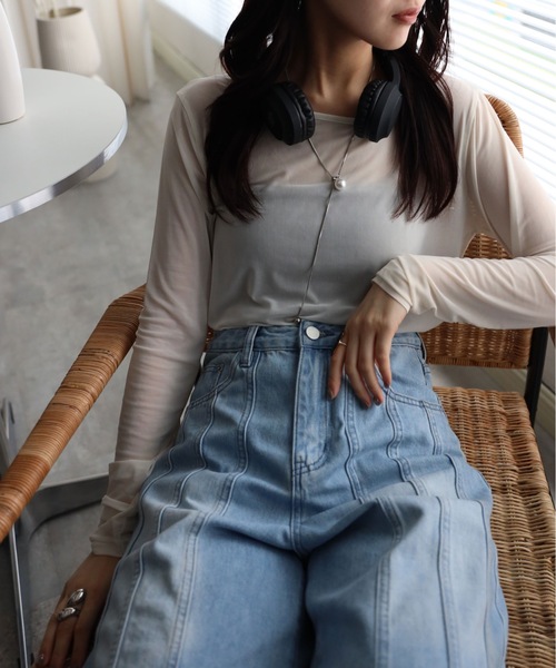 YENNA（イェンナ）の「【シアーロングスリーブTシャツ】レイヤードスタイル（Tシャツ/カットソー・レディース・ベージュ/ブラウン/アイボリー/ブラック・FREE）」の5枚目の写真