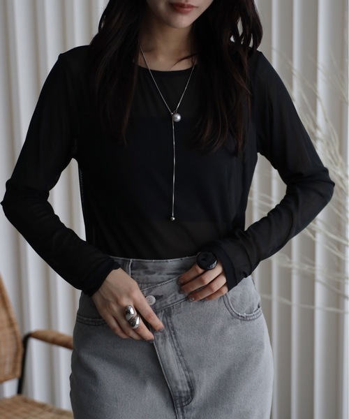 YENNA（イェンナ）の「【シアーロングスリーブTシャツ】レイヤードスタイル（Tシャツ/カットソー・レディース・ベージュ/ブラウン/アイボリー/ブラック・FREE）」の16枚目の写真