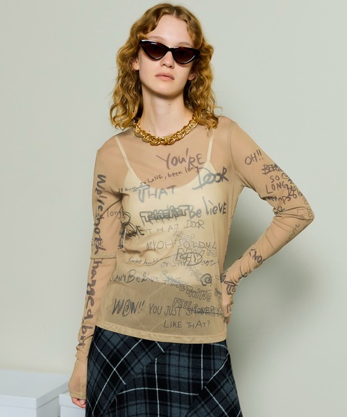 MAISON SPECIAL(メゾンスペシャル)の「Hand Writing Mesh Tops/ハンドライティングメッシュトップス(Tシャツ/カットソー・レディース・ブルー/ベージュ/チャコールグレー/ホワイト・FREE)」の1枚目の写真
