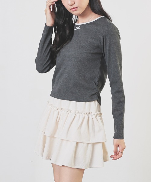Honeys（ハニーズ）の「レース付トップス（Tシャツ/カットソー・レディース・ブラウン/ピンク/ホワイト/ヘザーチャコール・L/S/M）」の10枚目の写真