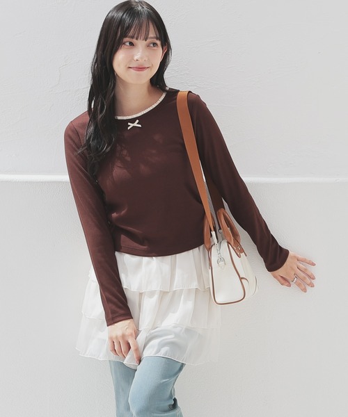Honeys（ハニーズ）の「レース付トップス（Tシャツ/カットソー・レディース・ブラウン/ピンク/ホワイト/ヘザーチャコール・L/S/M）」の12枚目の写真