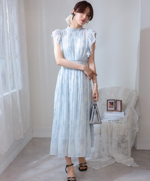 セール】水彩花プリント フリル袖 消しプリーツ ロング