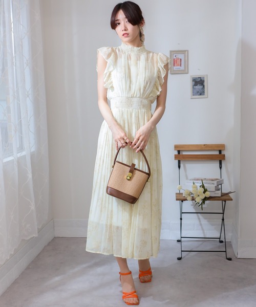 水彩花プリント フリル袖 消しプリーツ ロングワンピース