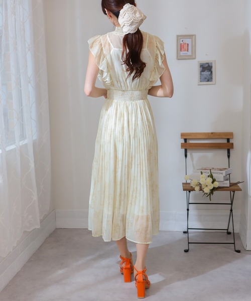 水彩花プリント フリル袖 消しプリーツ ロングワンピース