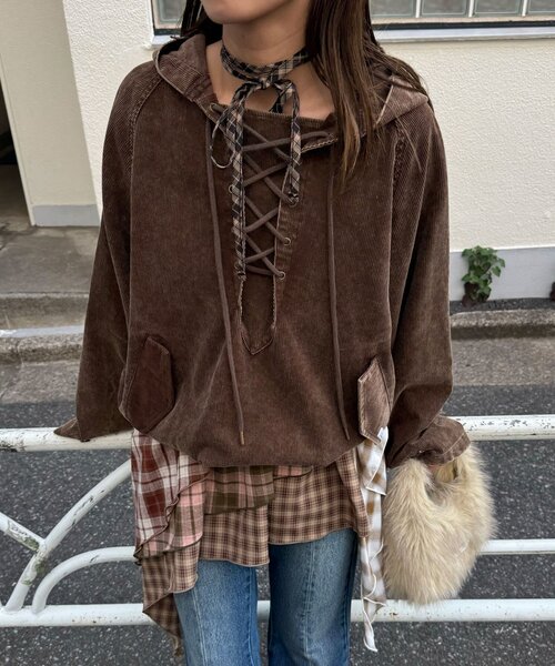 CIAOPANIC（チャオパニック）の「【UNESS/ユーネス】加工コーデュロイアノラックパーカー（その他アウター・レディース・マスタード/ブラウン/カーキ・ONE SIZE）」の4枚目の写真