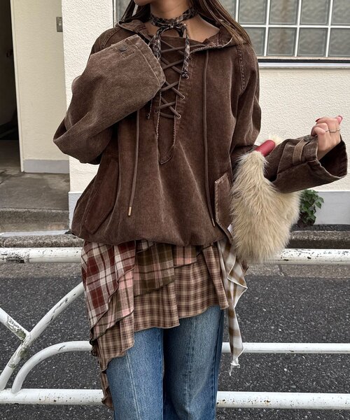 CIAOPANIC（チャオパニック）の「【UNESS/ユーネス】加工コーデュロイアノラックパーカー（その他アウター・レディース・マスタード/ブラウン/カーキ・ONE SIZE）」の6枚目の写真